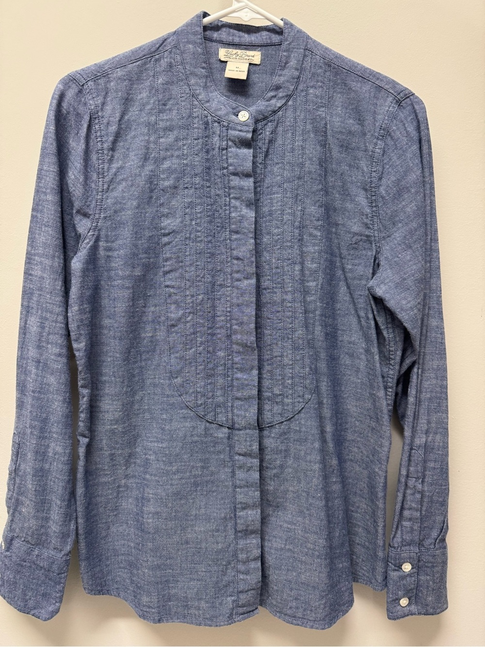 Lucky Brand Blue Pintuck Band-Collar Chambray Shirt